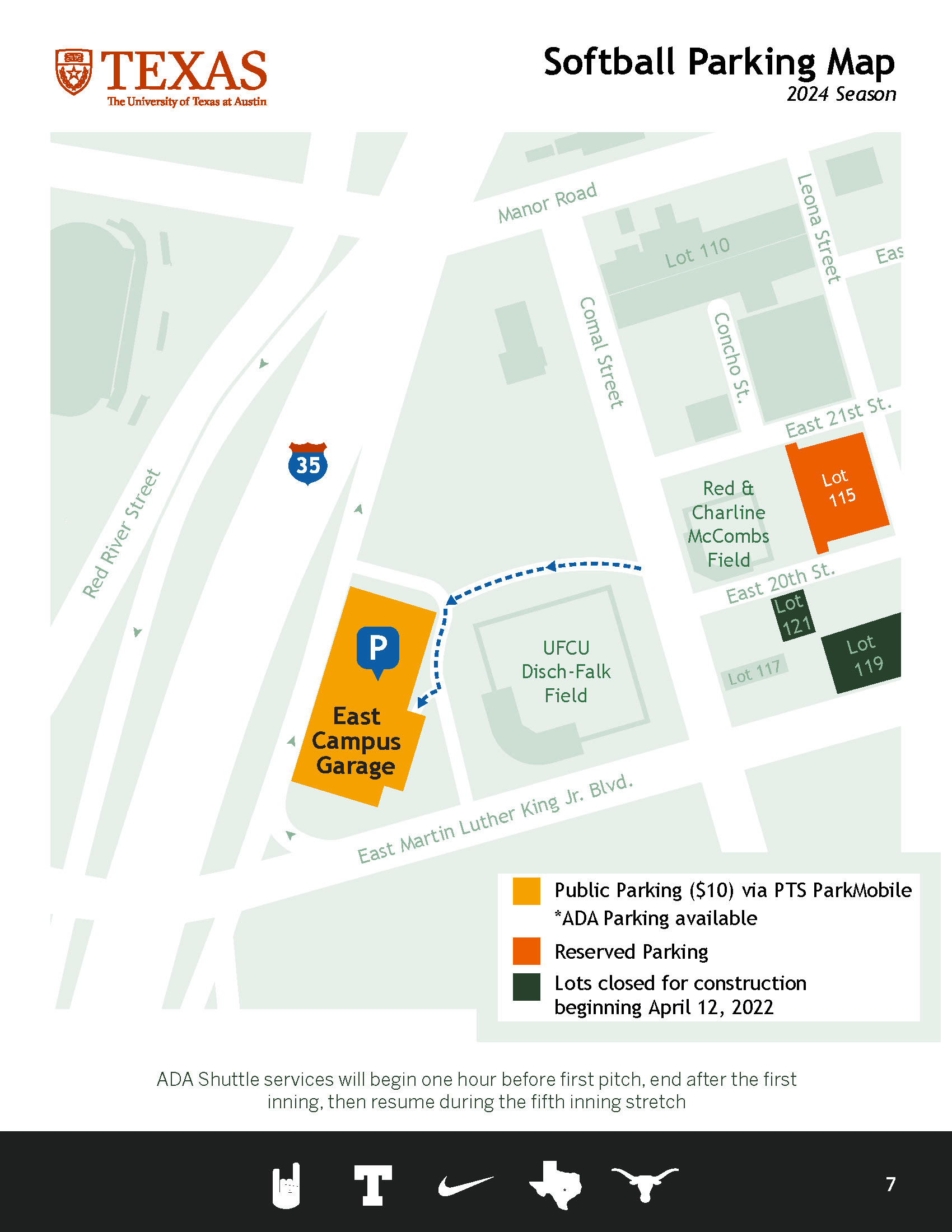 Softball parking map Showing East Campus Garage