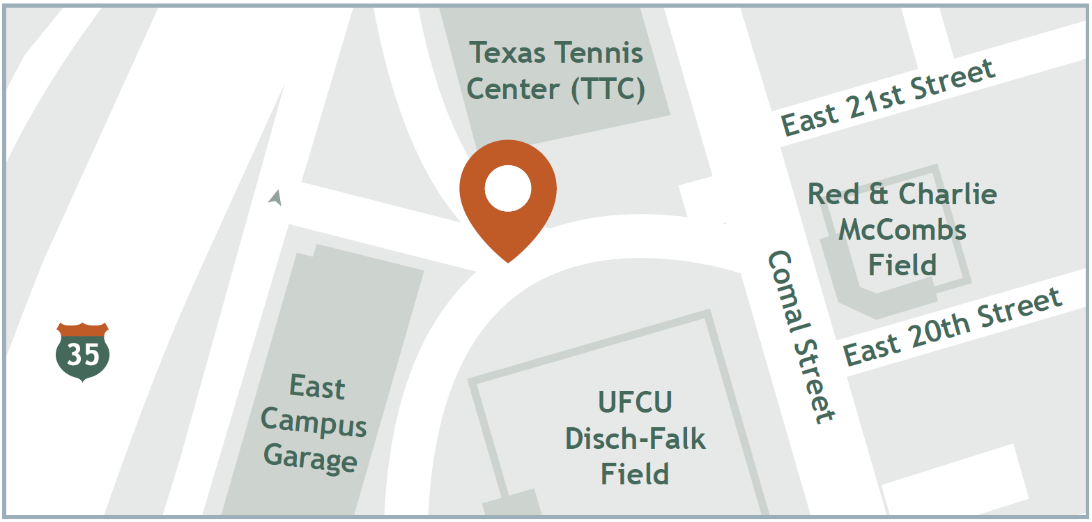 map of pinpoint at the southwest corner of the Texas Tennis Center (TTC)