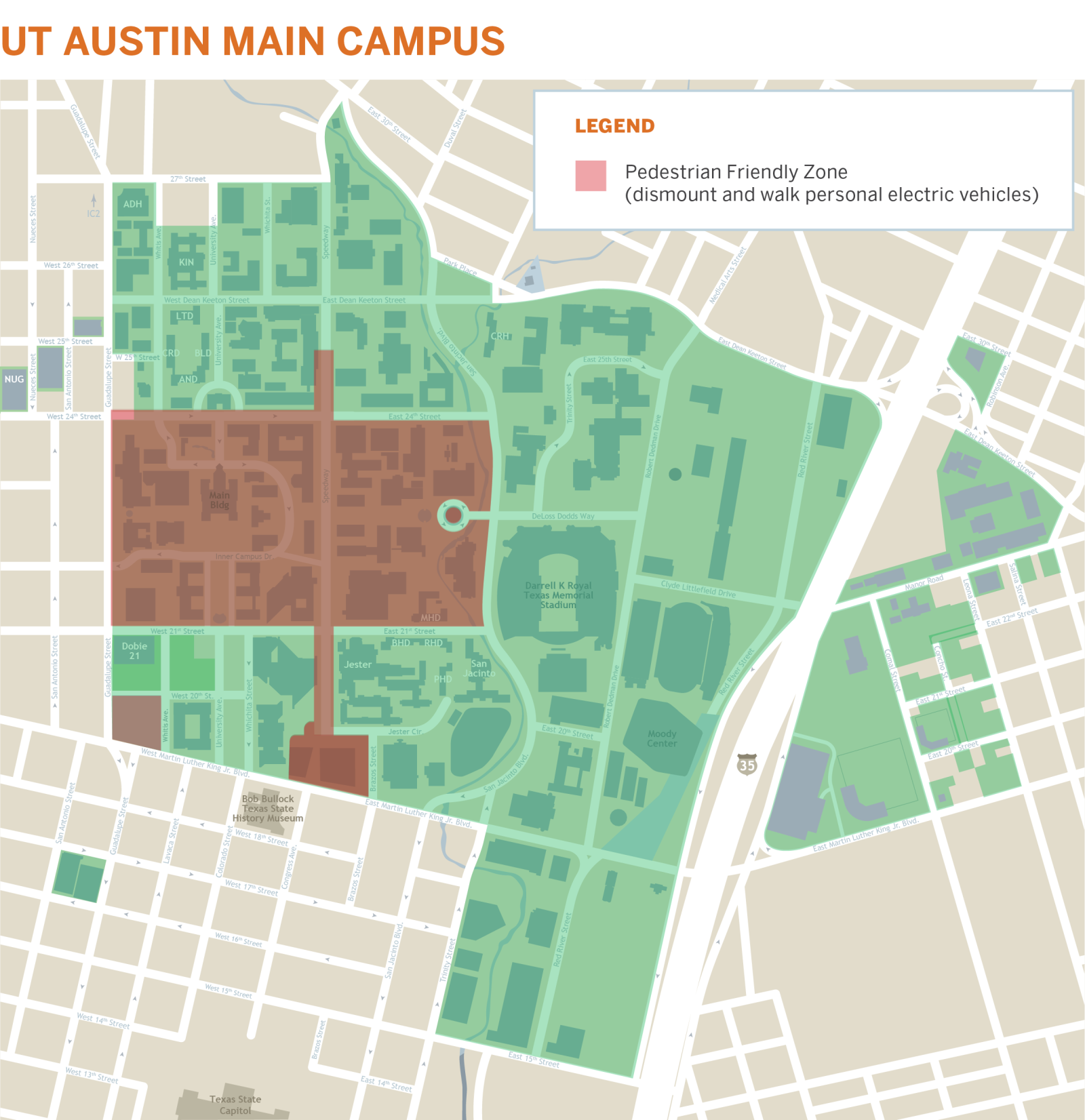 UT Austin Main Campus map. Pedestrian Friendly Zone (dismount and walk personal electric vehicles)